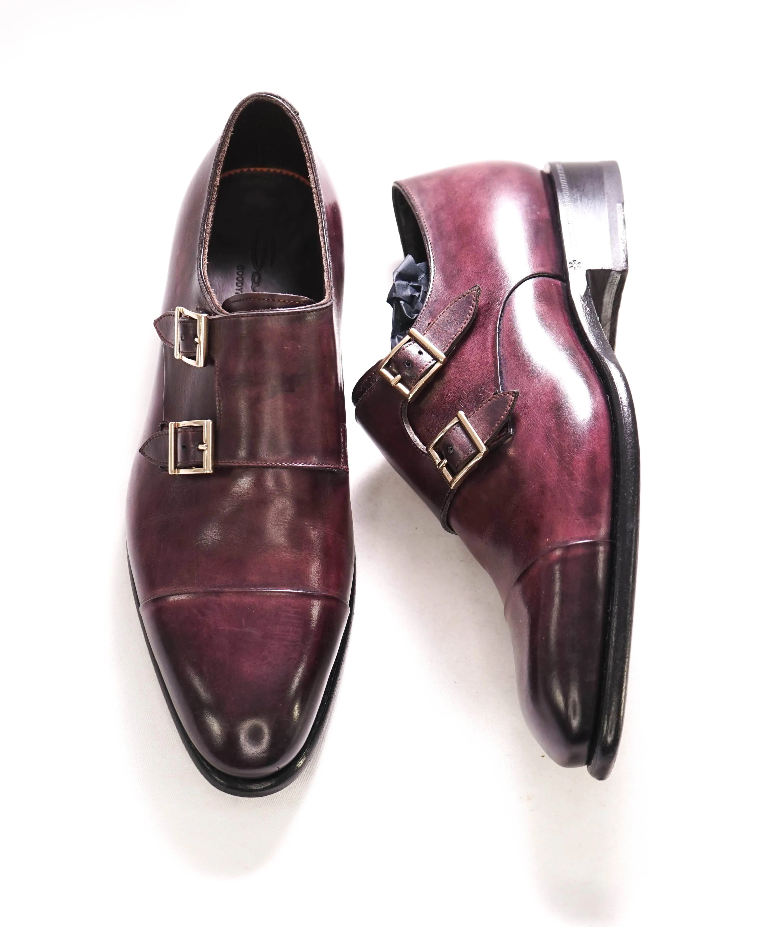 $1,595 SANTONI - "GOODYEAR WELT” Eggplant Brown Monk Strap Loafers - 7 US (6 IT)