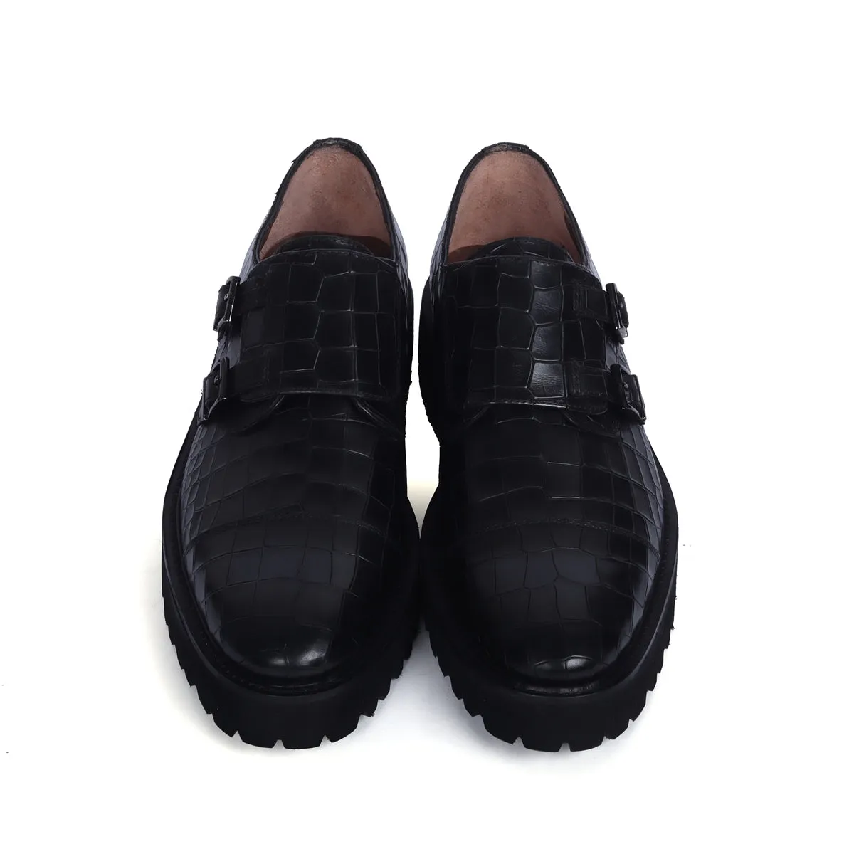 Adjustable Double Monk Black Leather Light Weight Lug Sole Shoes For Men By Brune & Bareskin