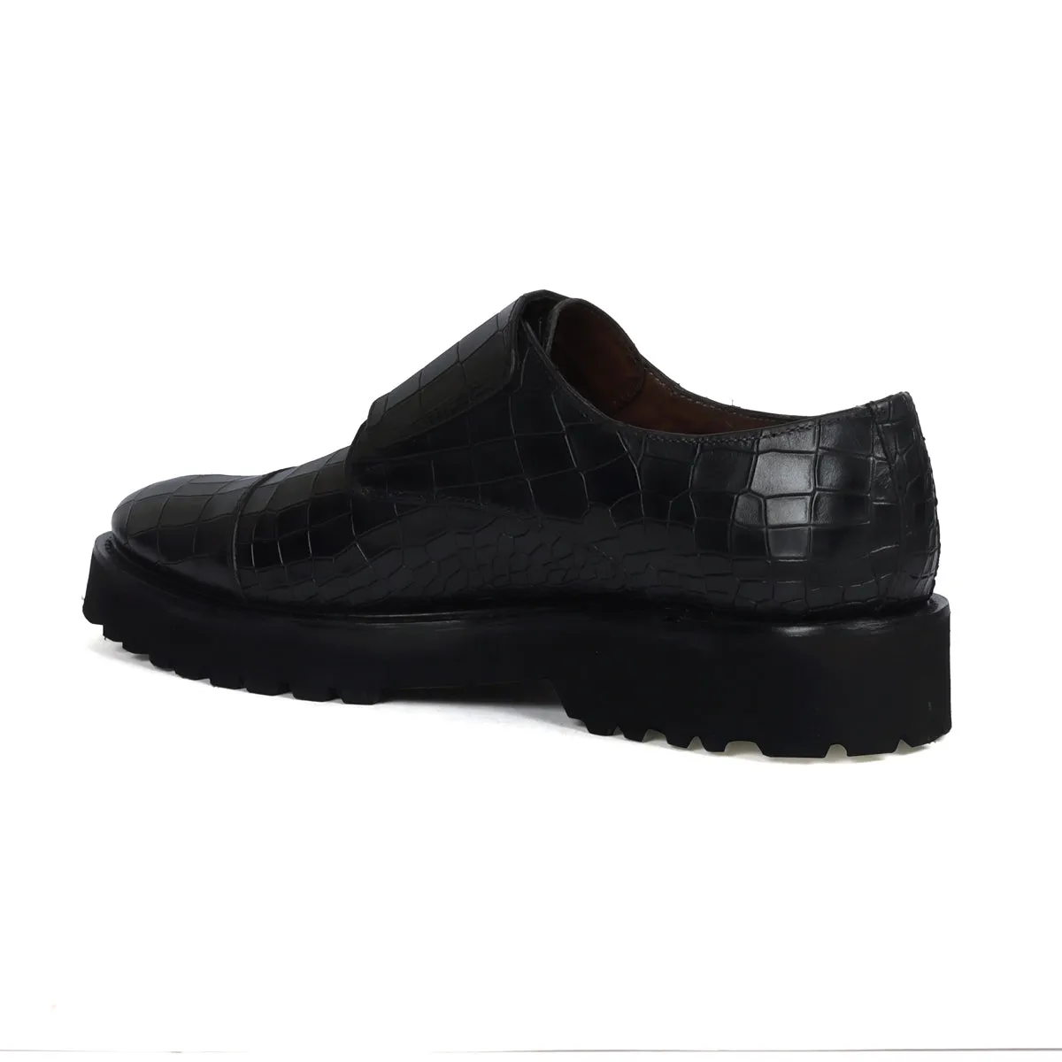 Adjustable Double Monk Black Leather Light Weight Lug Sole Shoes For Men By Brune & Bareskin