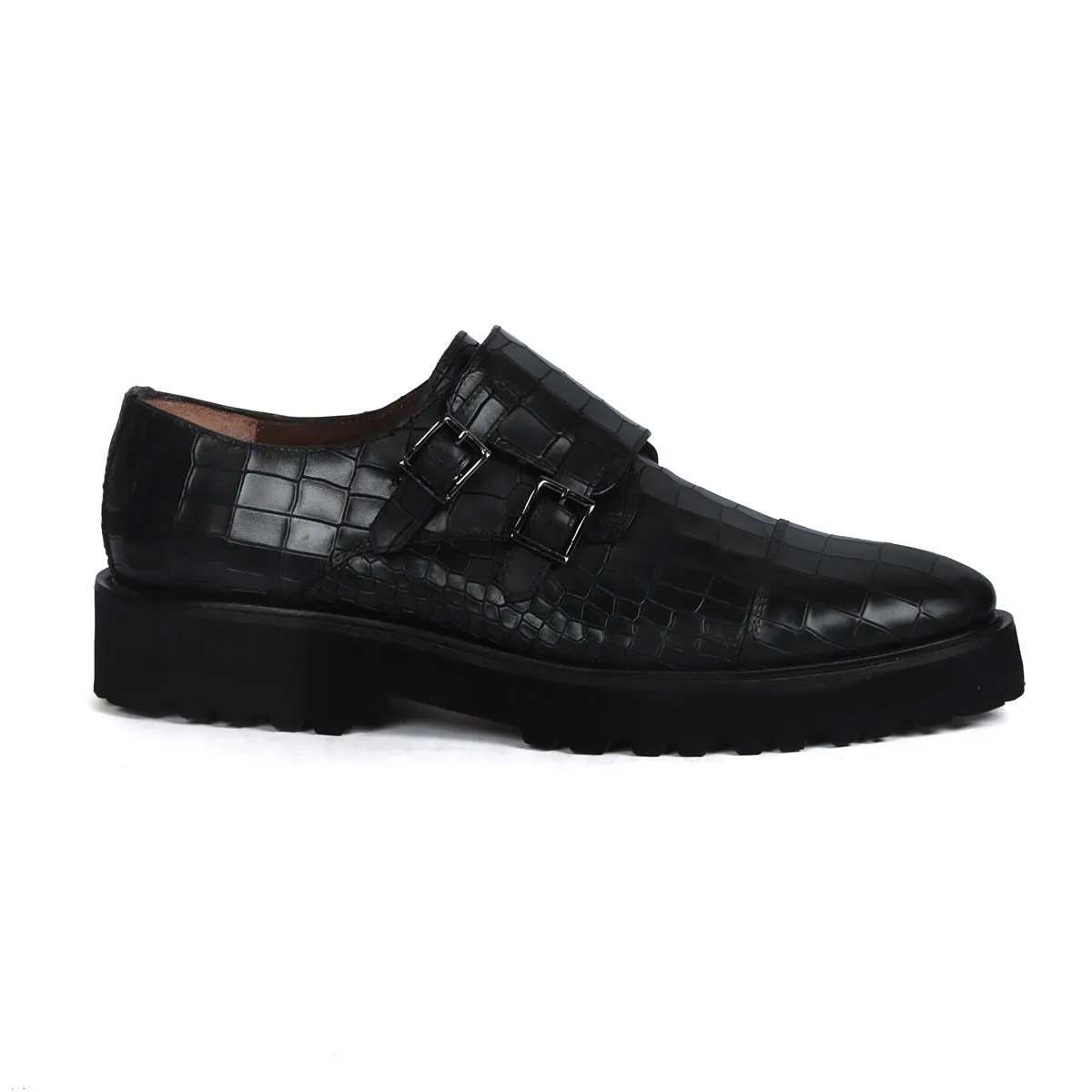 Adjustable Double Monk Black Leather Light Weight Lug Sole Shoes For Men By Brune & Bareskin