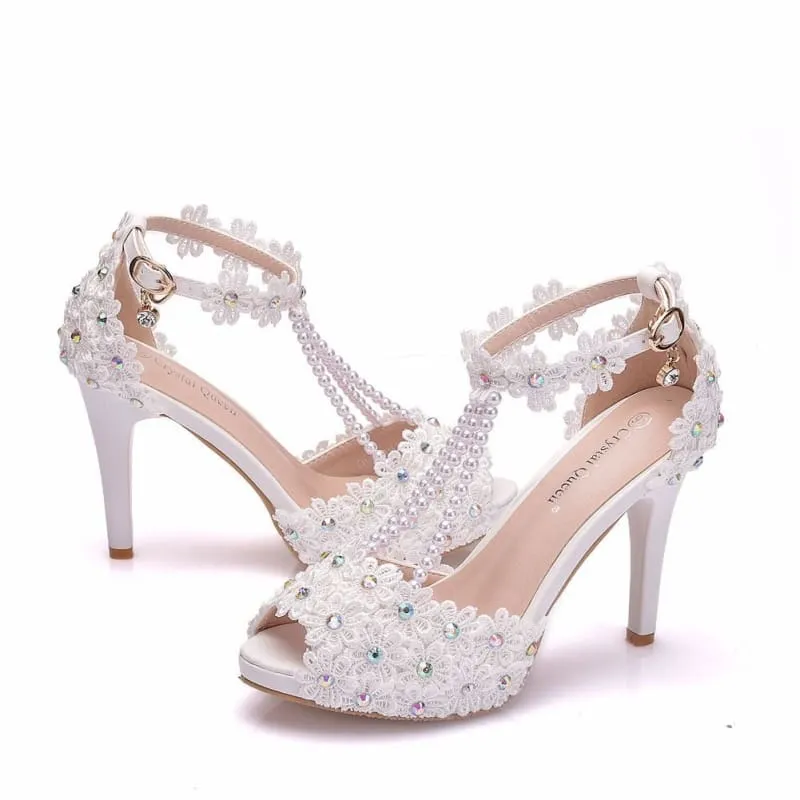 Beaded Floral Bridal Peep Toe High Heeled Sandals in White