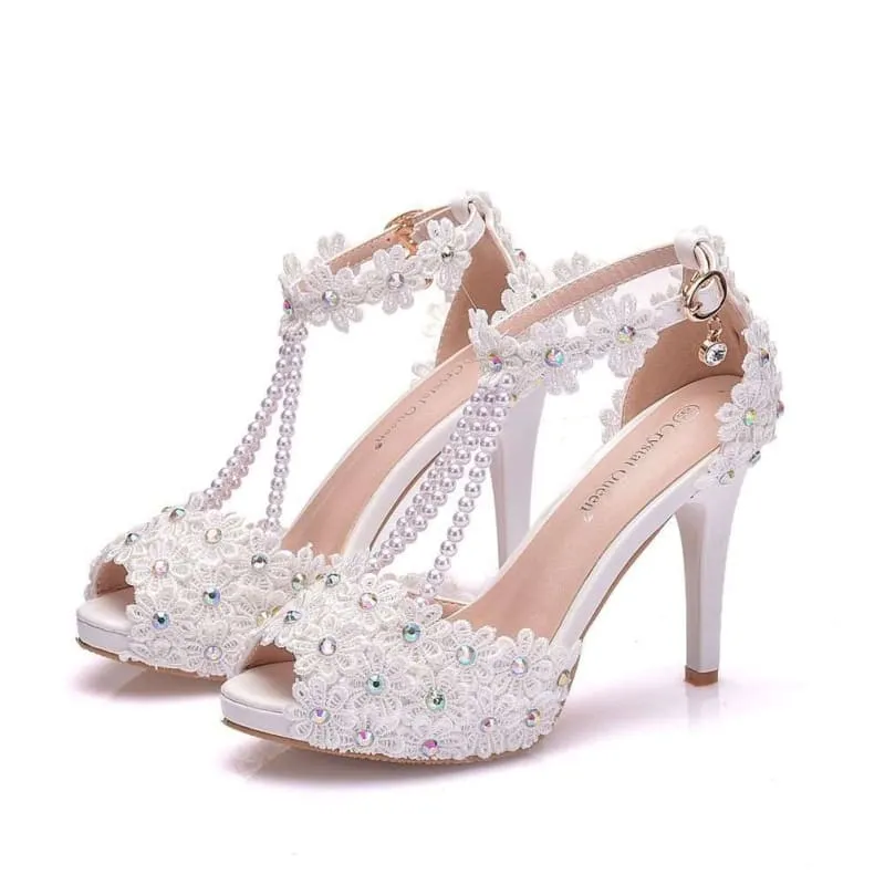 Beaded Floral Bridal Peep Toe High Heeled Sandals in White