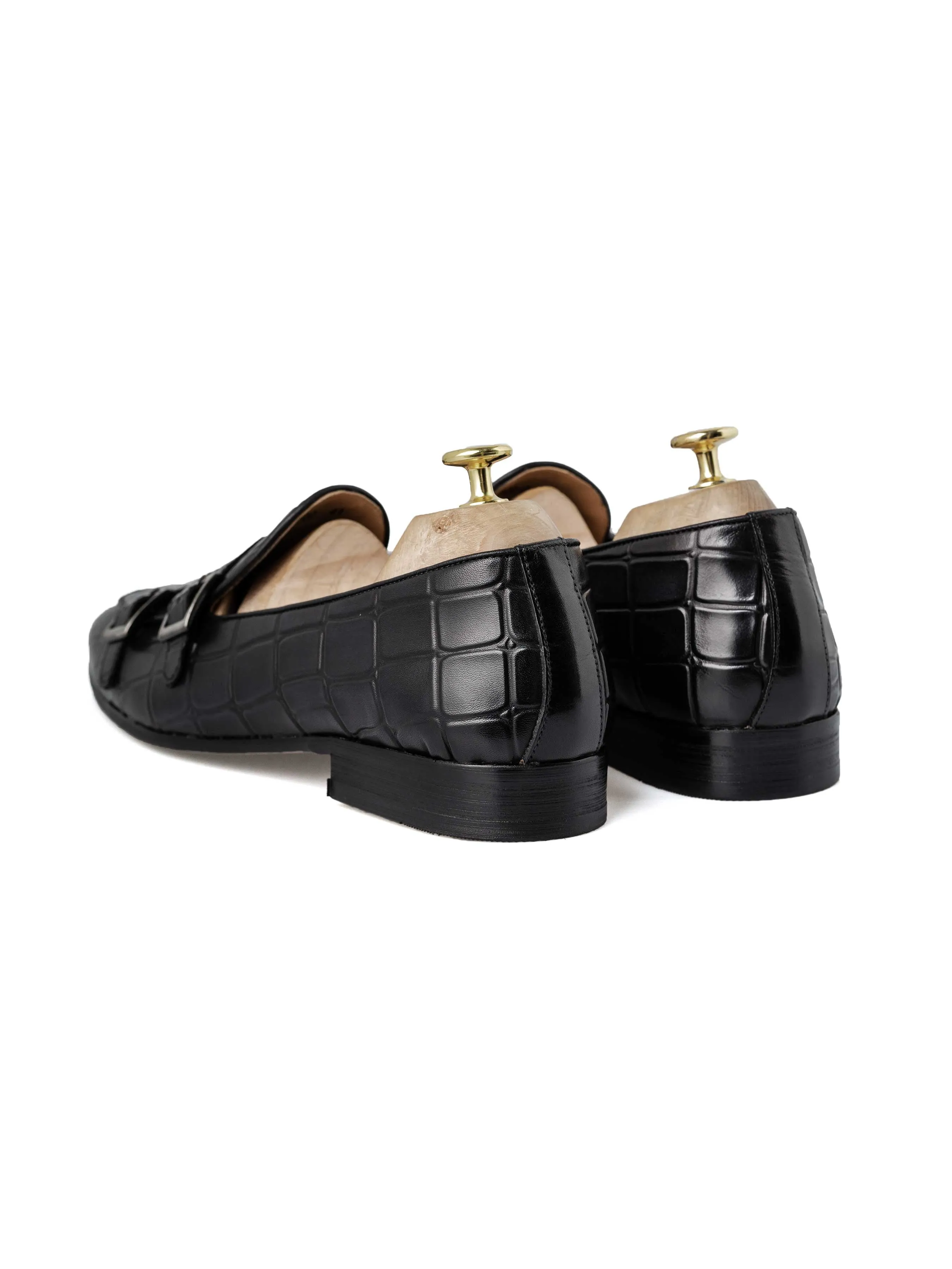 Belgian Loafer - Black Grey Croco Double Monk Strap (Hand Painted Patina)