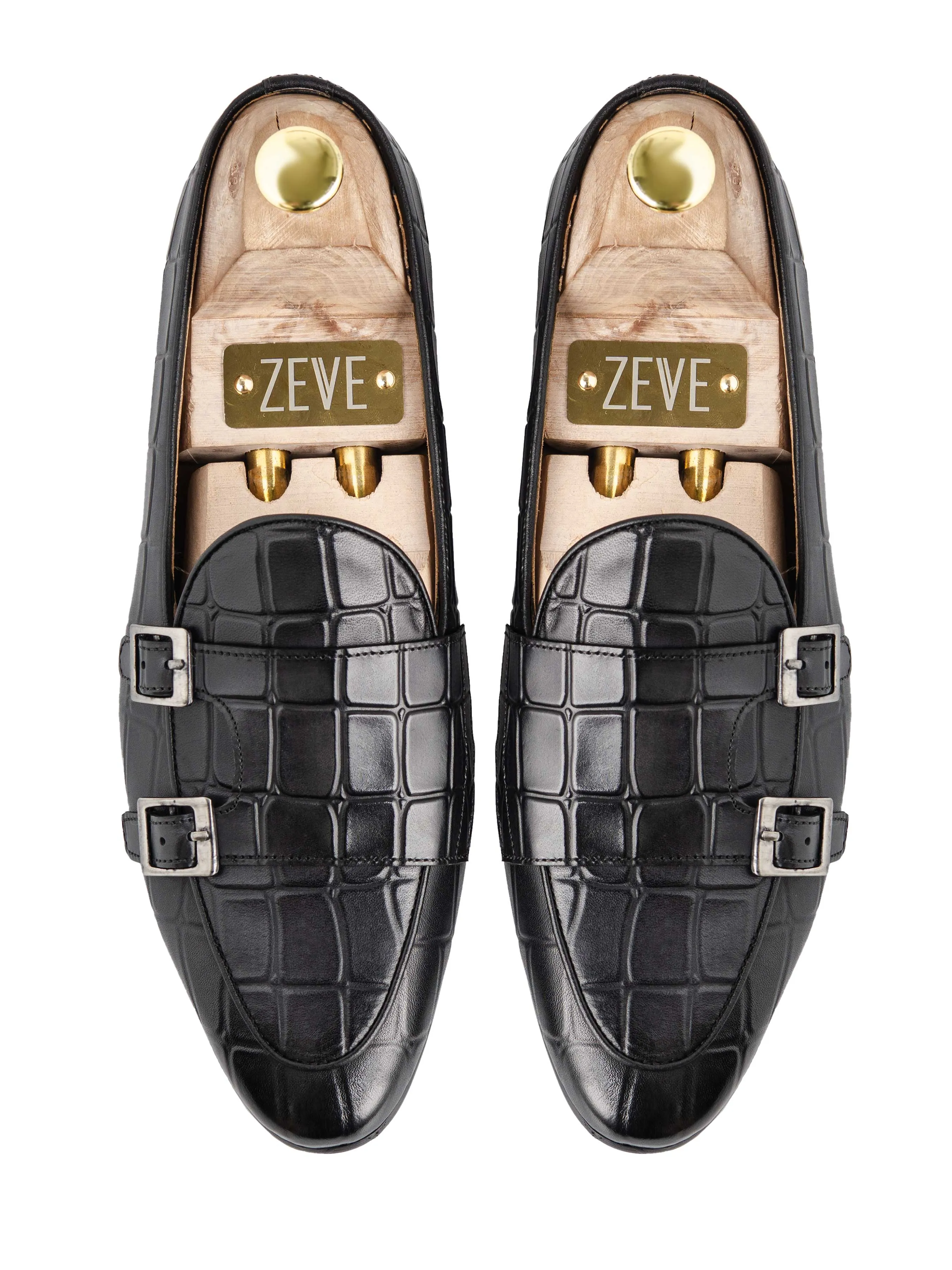 Belgian Loafer - Black Grey Croco Double Monk Strap (Hand Painted Patina)