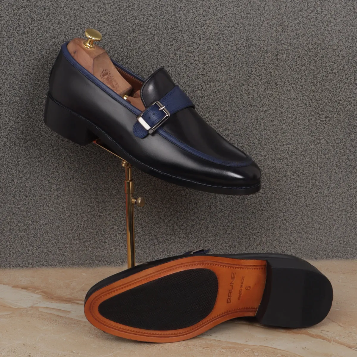 Black Leather Contrasting Blue Apron Toe Single Monk Buckle Strap Slip-On Shoe By Brune & Bareskin