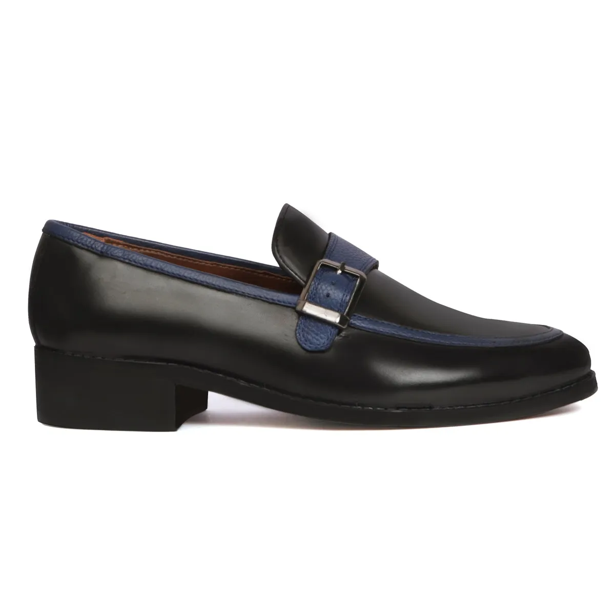 Black Leather Contrasting Blue Apron Toe Single Monk Buckle Strap Slip-On Shoe By Brune & Bareskin