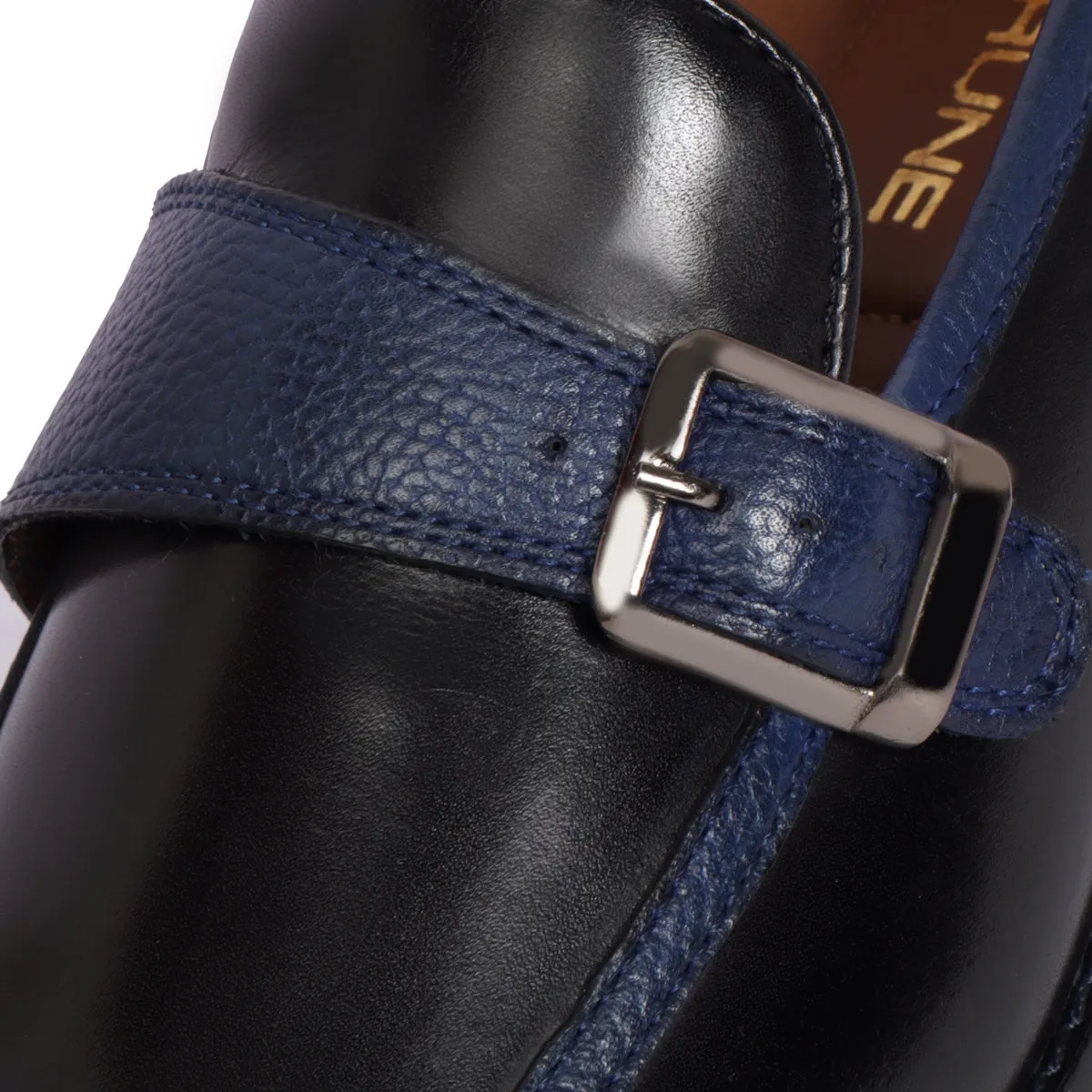 Black Leather Contrasting Blue Apron Toe Single Monk Buckle Strap Slip-On Shoe By Brune & Bareskin