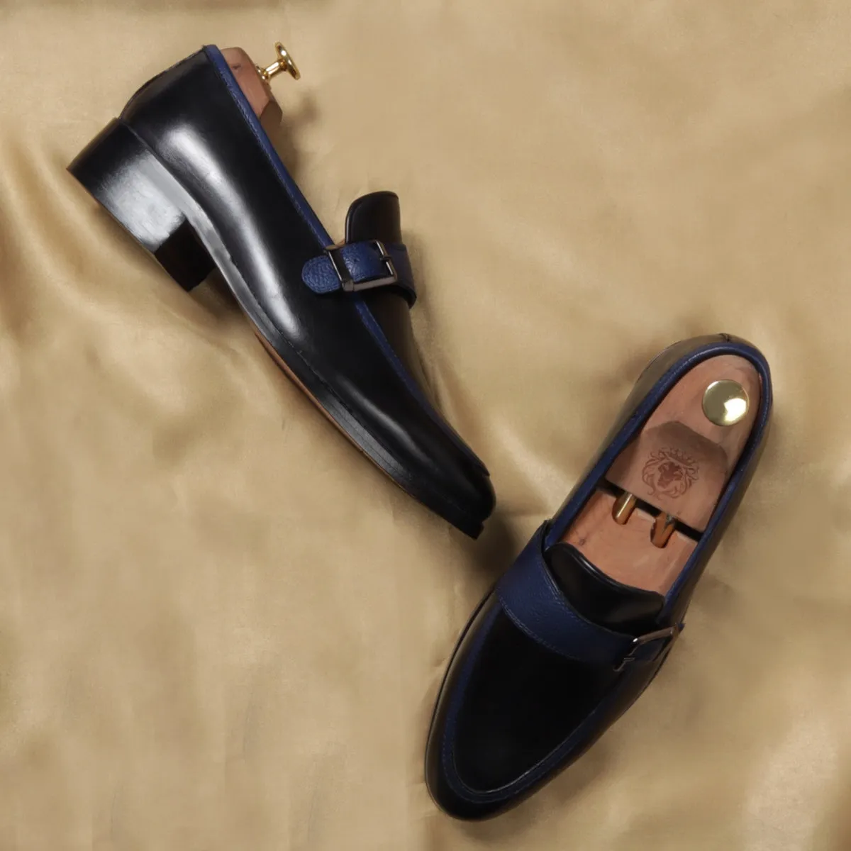 Black Leather Contrasting Blue Apron Toe Single Monk Buckle Strap Slip-On Shoe By Brune & Bareskin