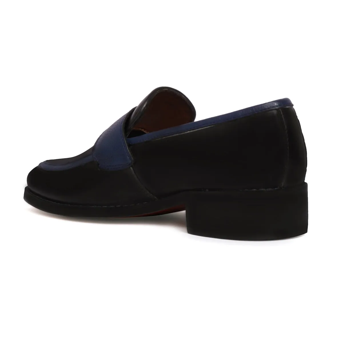 Black Leather Contrasting Blue Apron Toe Single Monk Buckle Strap Slip-On Shoe By Brune & Bareskin