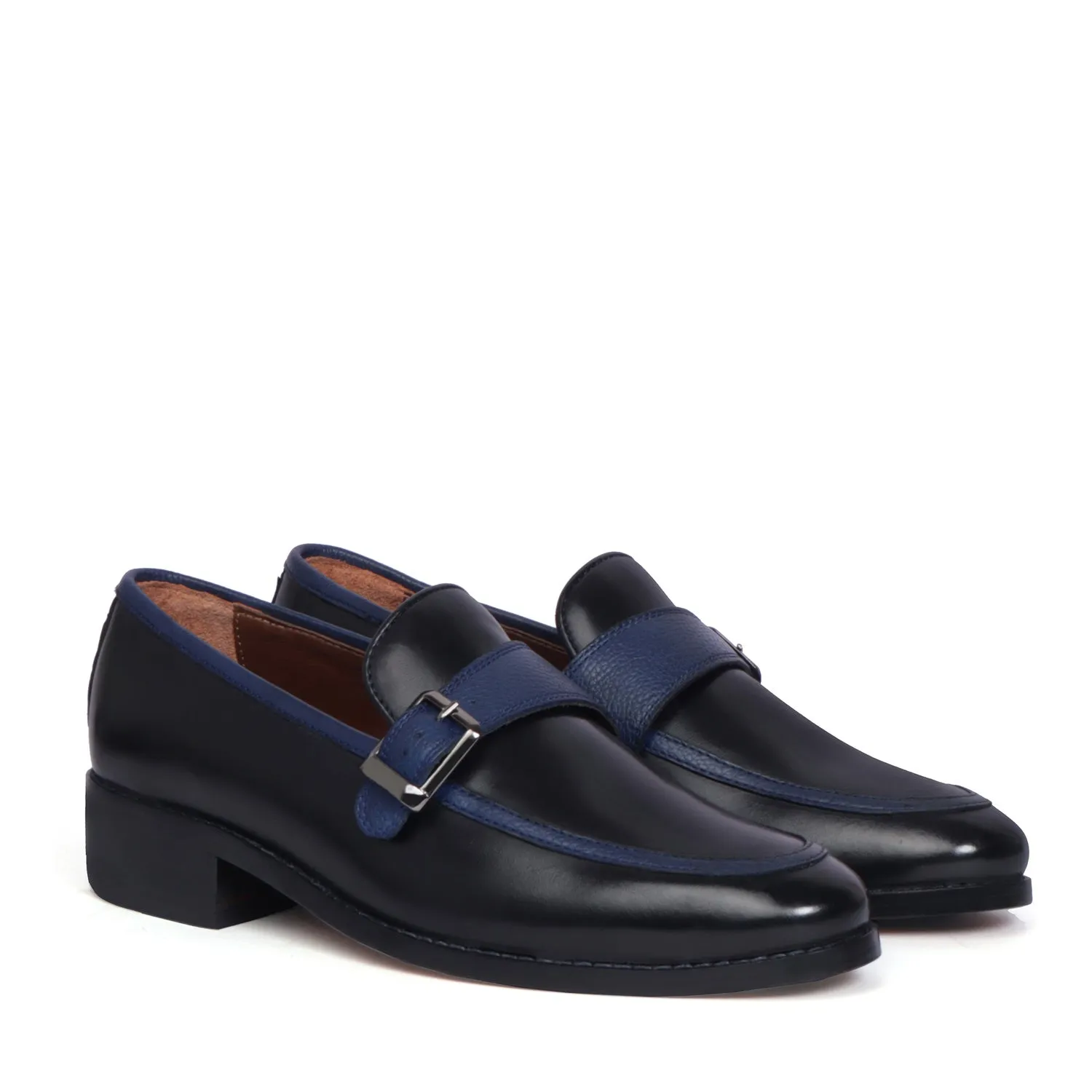 Black Leather Contrasting Blue Apron Toe Single Monk Buckle Strap Slip-On Shoe By Brune & Bareskin