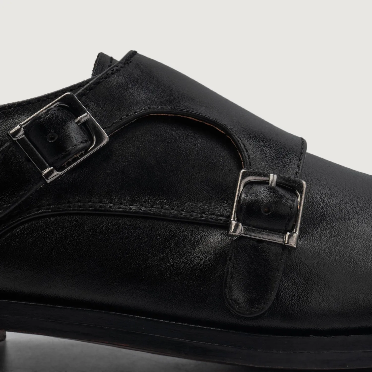 Boston Double Monk Strap Black Leather Shoes