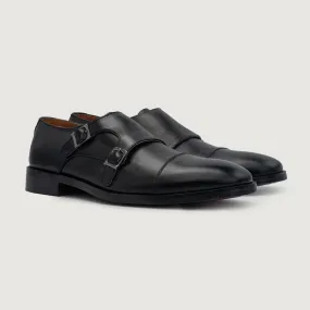 Boston Double Monk Strap Black Leather Shoes