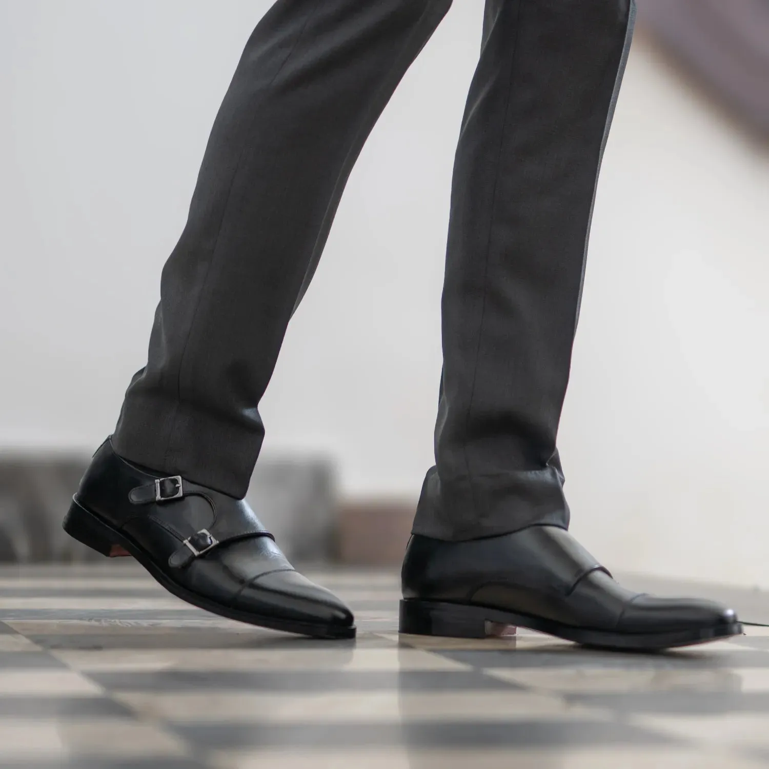 Boston Double Monk Strap Black Leather Shoes