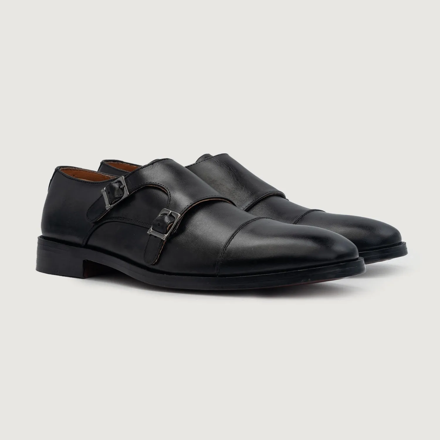 Boston Double Monk Strap Black Leather Shoes