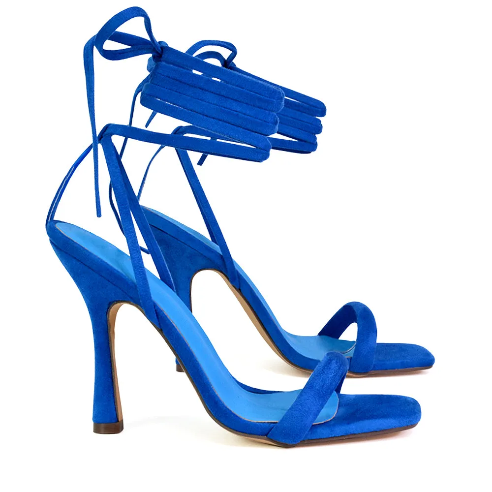 Caryn Faux Suede Lace Up Square Toe Strappy Stiletto High Heels in Blue