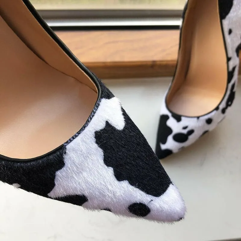 Cow Print Hairy Flock Pointed Toe High Heels