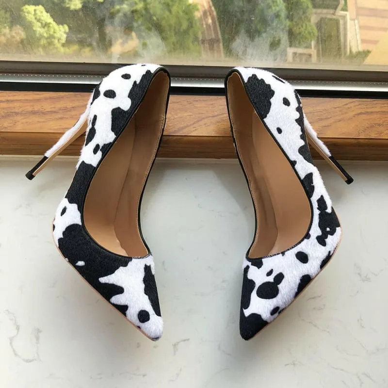 Cow Print Hairy Flock Pointed Toe High Heels