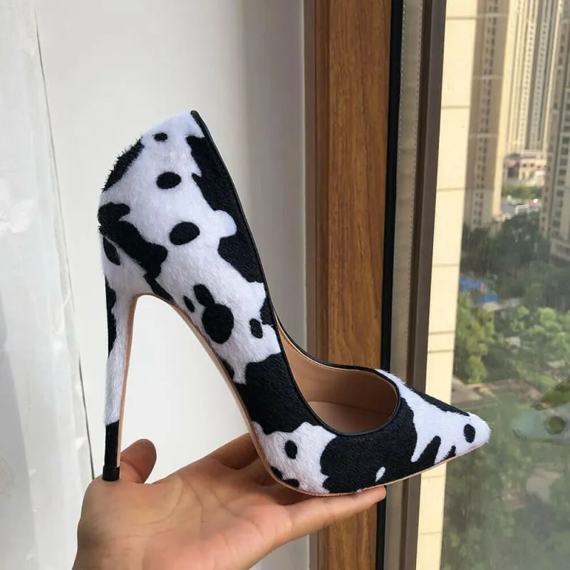 Cow Print Hairy Flock Pointed Toe High Heels