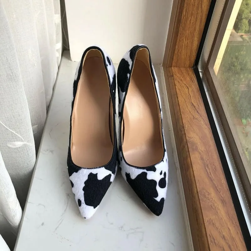 Cow Print Hairy Flock Pointed Toe High Heels