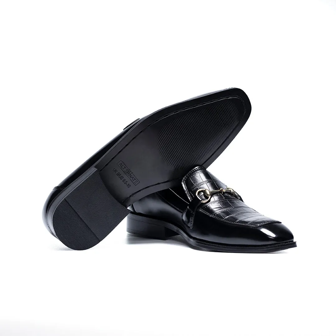 CROCO BLACK SLIP ONS WITH BUCKLE