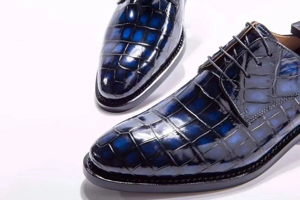 Crocodile Shoes Handmade Men Crocodile Leather Lace-Up Shoes,Mens Dark Blue Crocodile Leather Dress Shoes