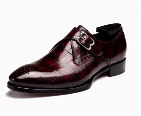 Crocodile Shoes Wine Red Crocodile Leather Monk Strap Shoes