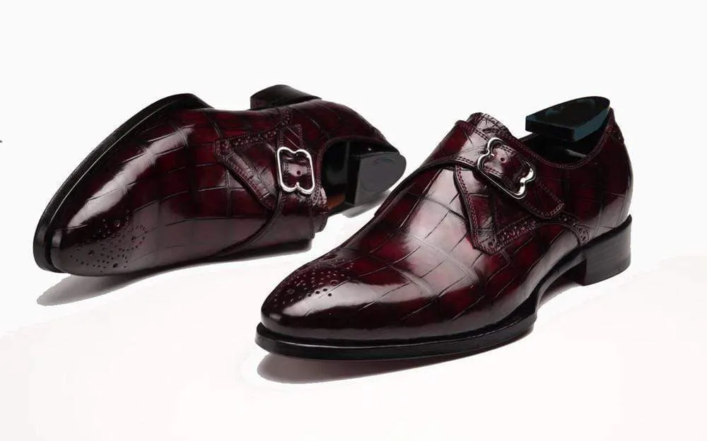 Crocodile Shoes Wine Red Crocodile Leather Monk Strap Shoes