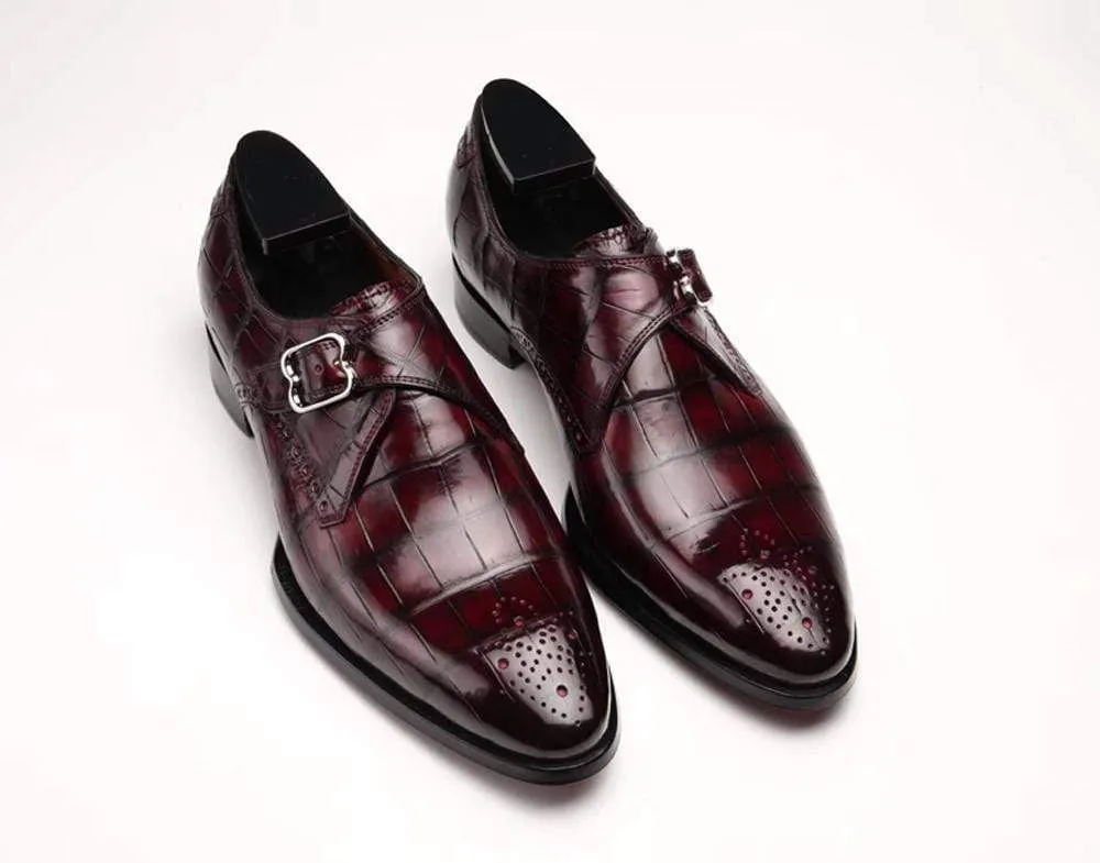 Crocodile Shoes Wine Red Crocodile Leather Monk Strap Shoes