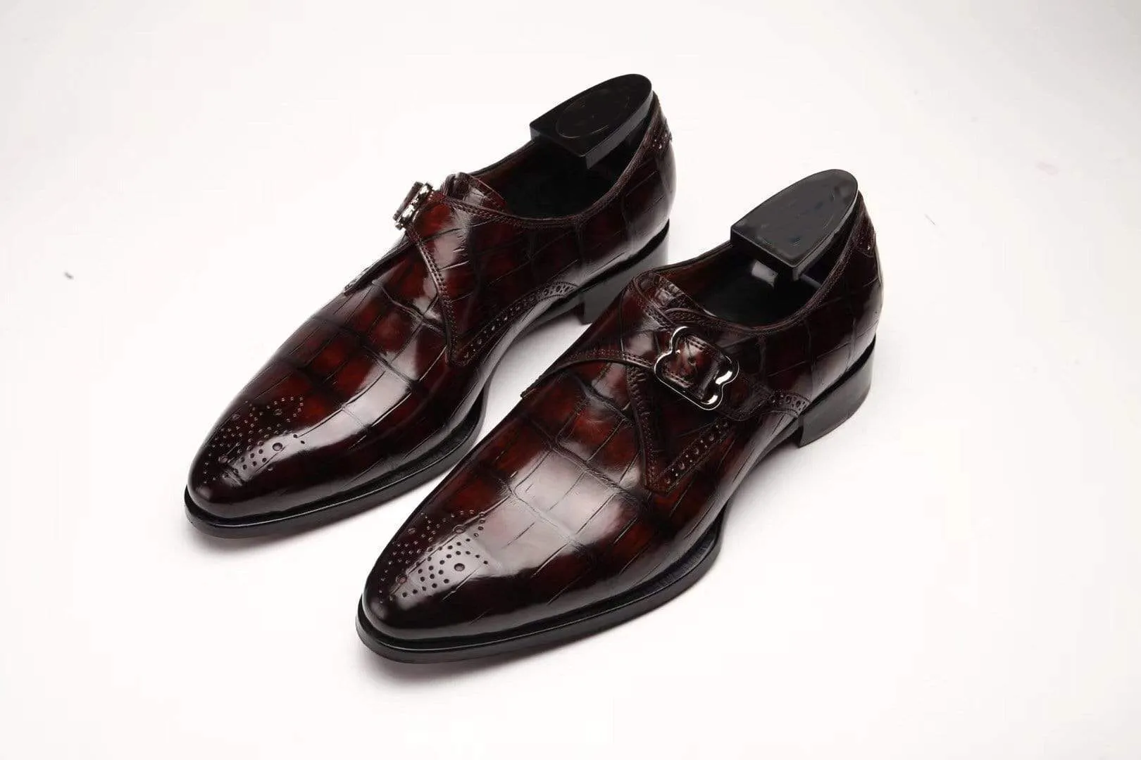 Crocodile Shoes Wine Red Crocodile Leather Monk Strap Shoes