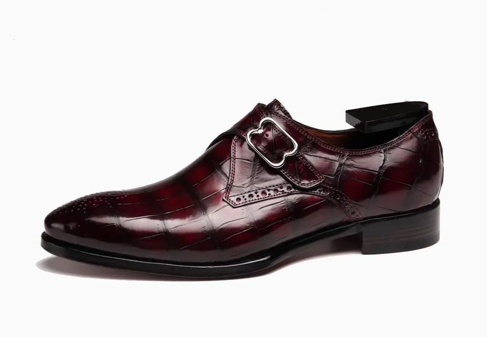 Crocodile Shoes Wine Red Crocodile Leather Monk Strap Shoes