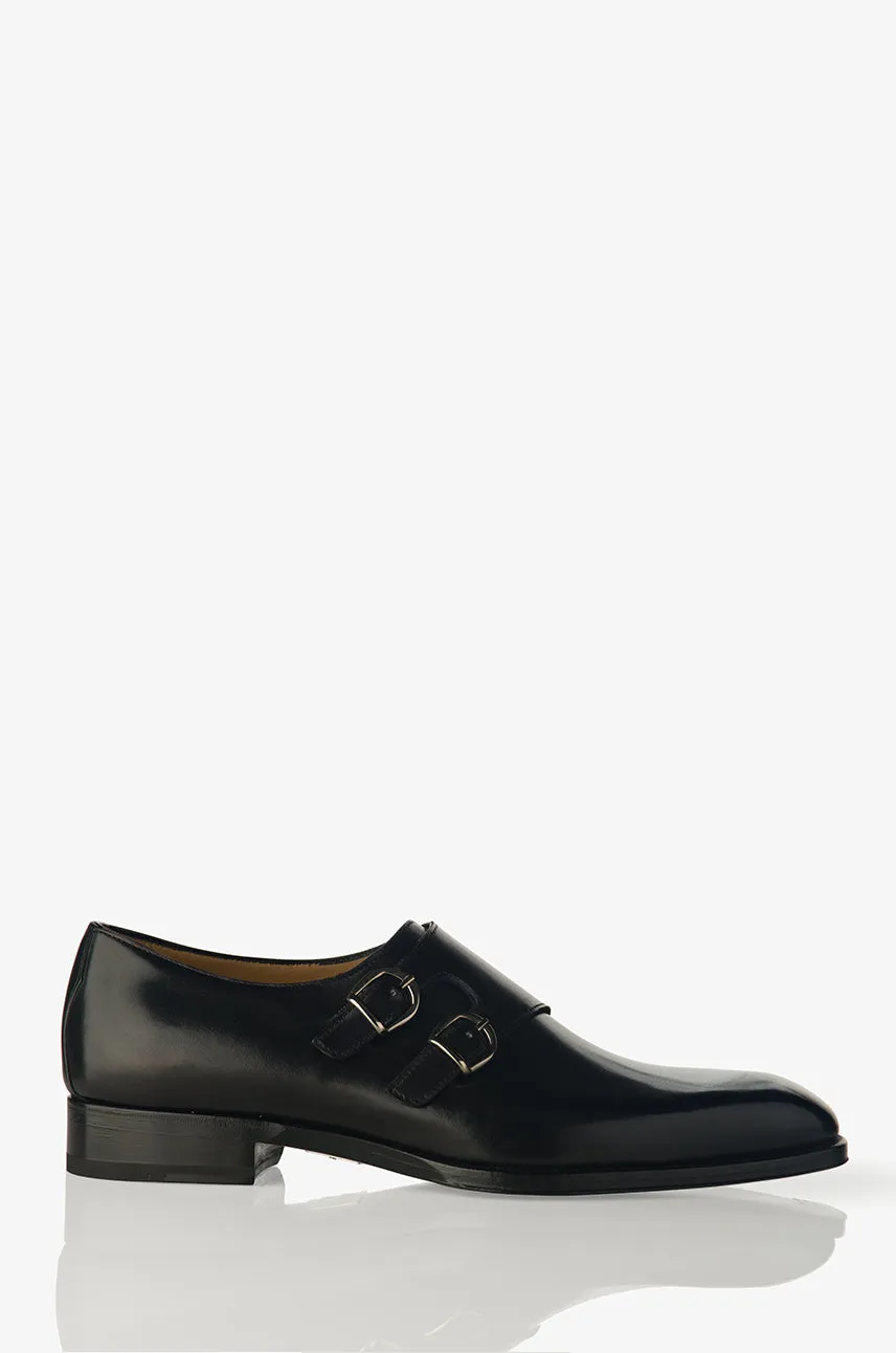 David August Leather Double Monk-strap Shoes in Nero Black