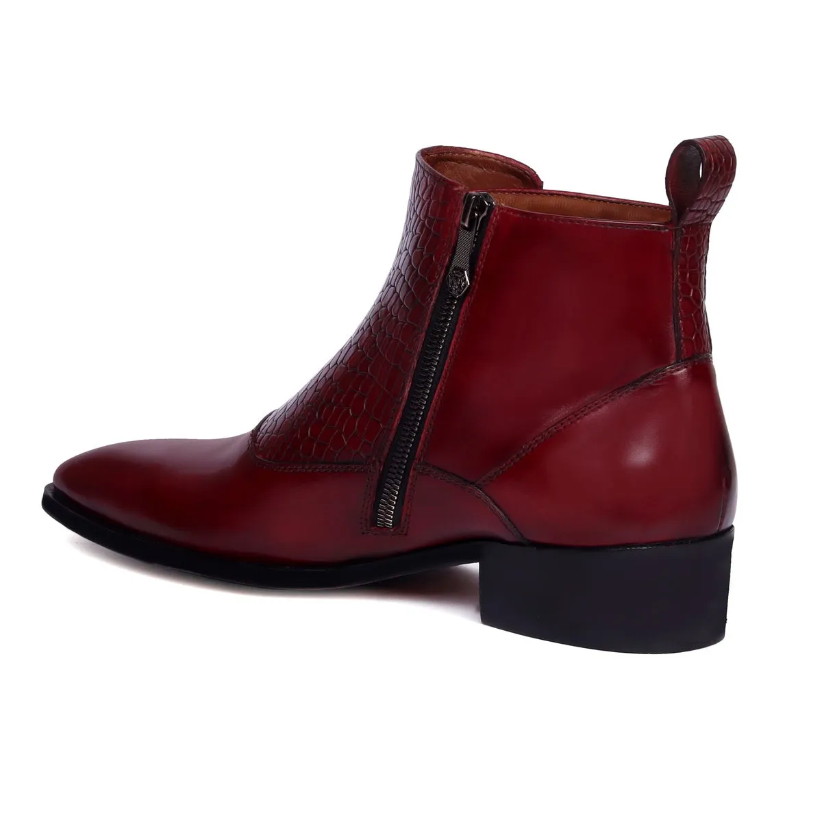 Double Monk Croco Strap Sleek Look Wine Leather Side Zipper Chelsea Boot By Brune & Bareskin