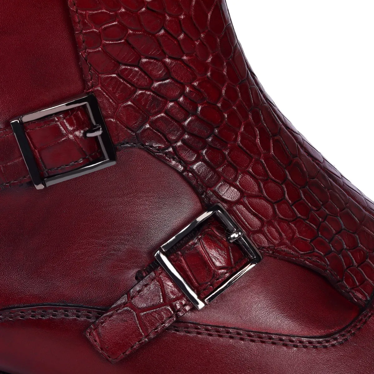 Double Monk Croco Strap Sleek Look Wine Leather Side Zipper Chelsea Boot By Brune & Bareskin