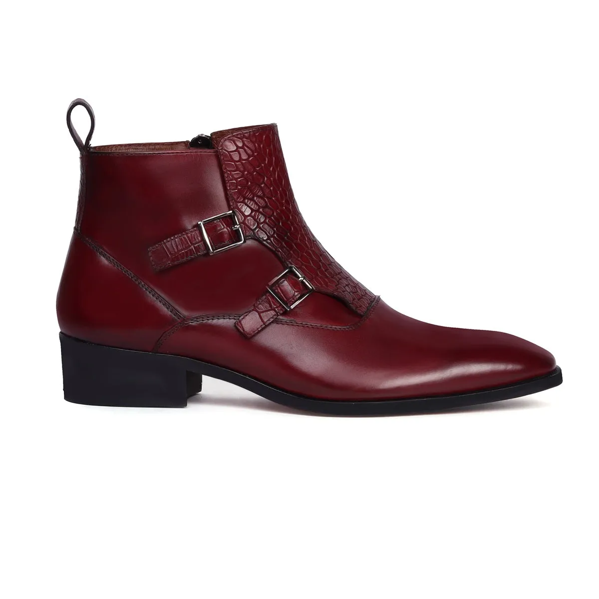 Double Monk Croco Strap Sleek Look Wine Leather Side Zipper Chelsea Boot By Brune & Bareskin