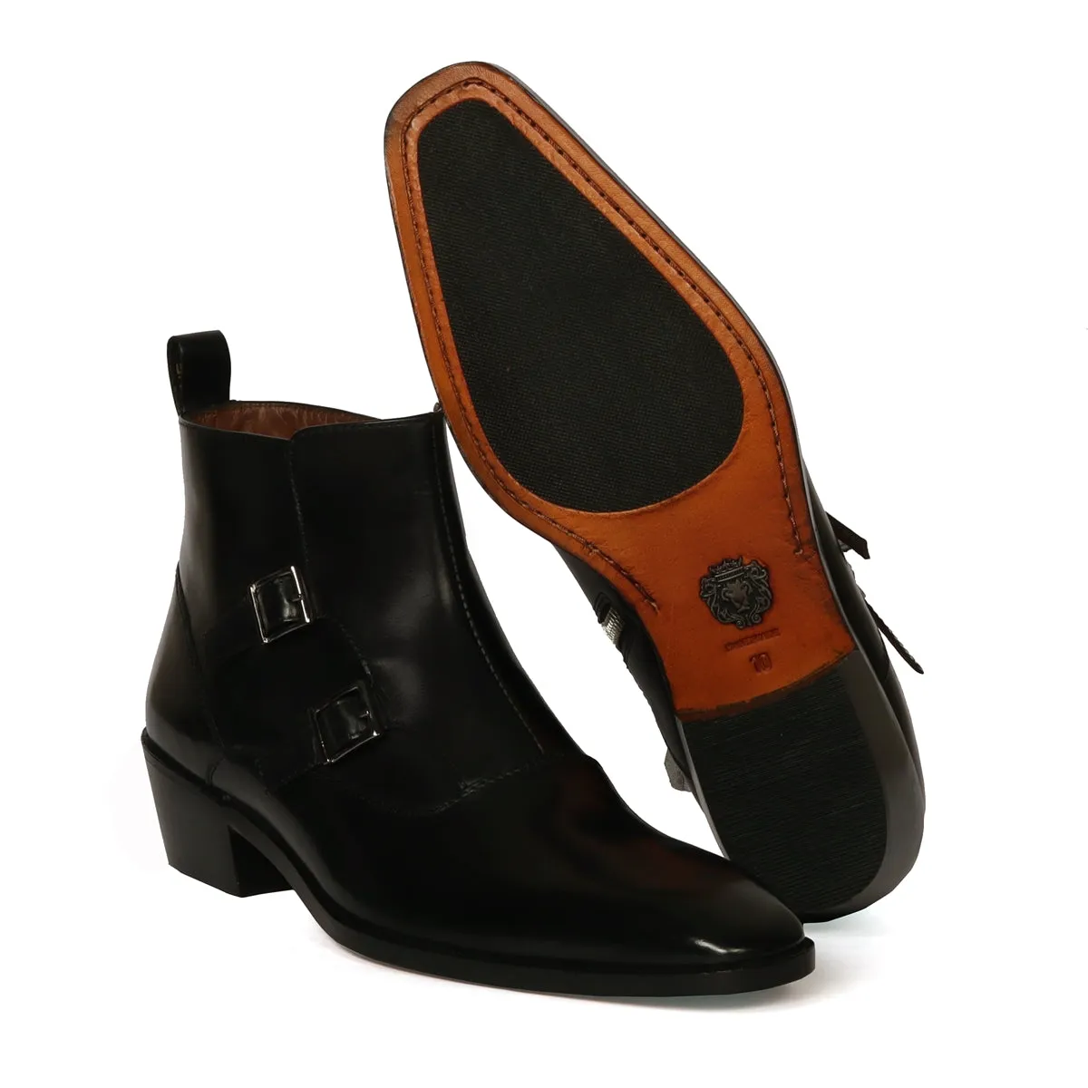 Double Monk Sleek Look Zip Closure Luxurious Black Leather Cuban Heel Chelsea Boot By Brune & Bareskin