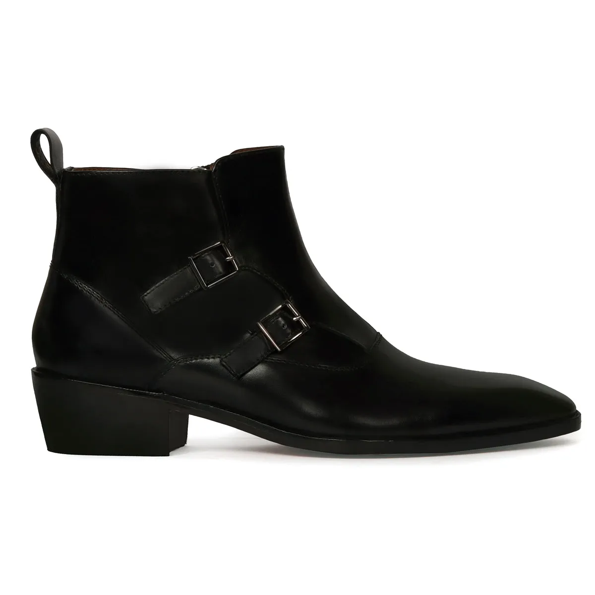 Double Monk Sleek Look Zip Closure Luxurious Black Leather Cuban Heel Chelsea Boot By Brune & Bareskin