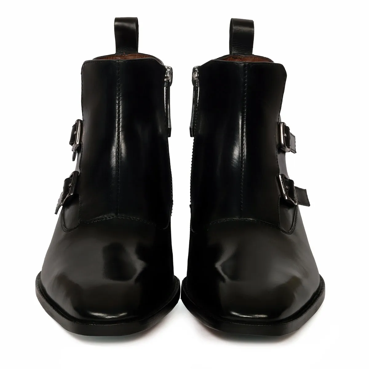 Double Monk Sleek Look Zip Closure Luxurious Black Leather Cuban Heel Chelsea Boot By Brune & Bareskin