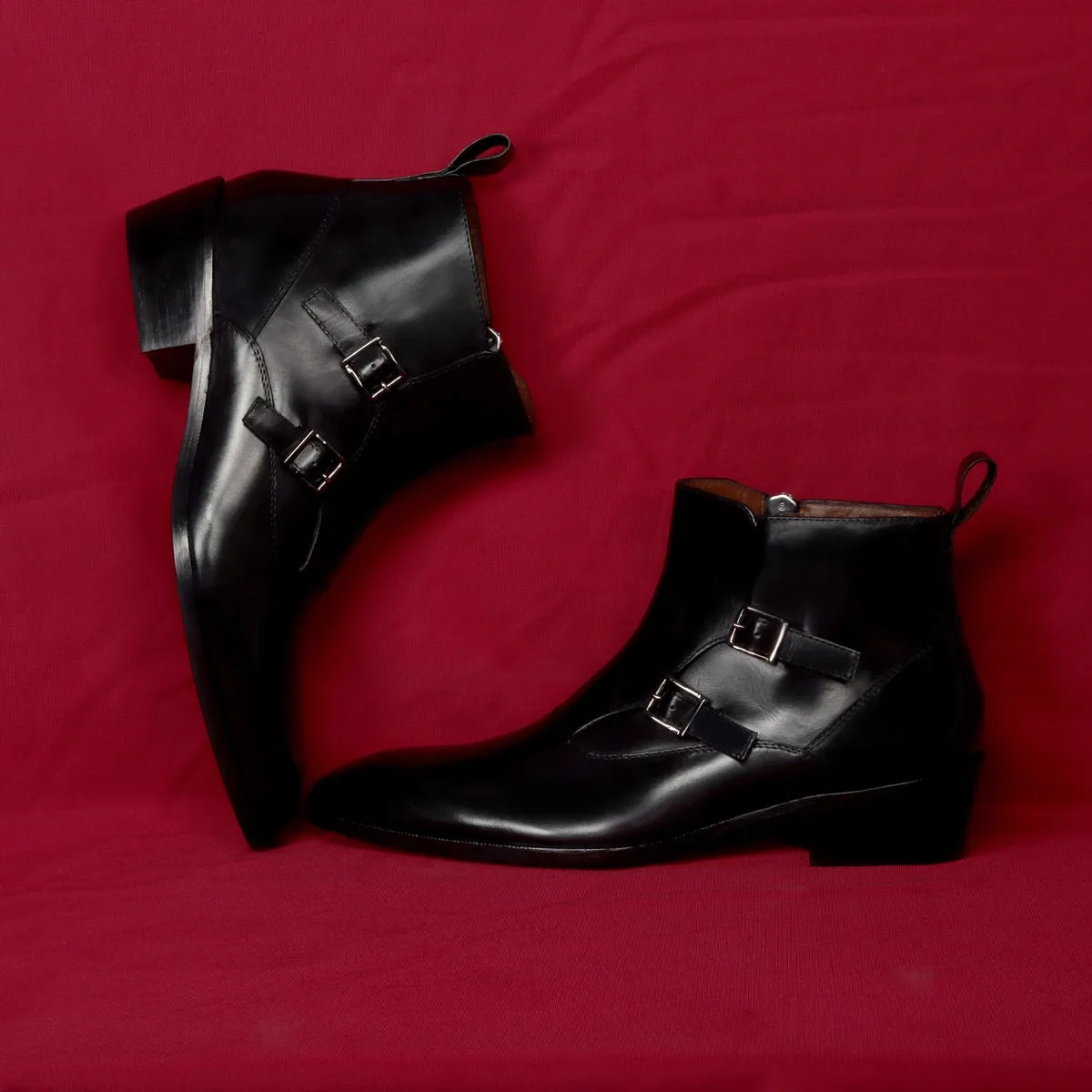 Double Monk Sleek Look Zip Closure Luxurious Black Leather Cuban Heel Chelsea Boot By Brune & Bareskin