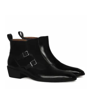 Double Monk Sleek Look Zip Closure Luxurious Black Leather Cuban Heel Chelsea Boot By Brune & Bareskin