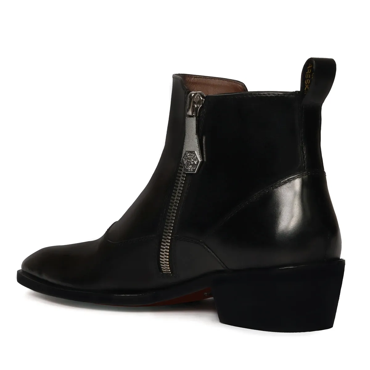 Double Monk Sleek Look Zip Closure Luxurious Black Leather Cuban Heel Chelsea Boot By Brune & Bareskin