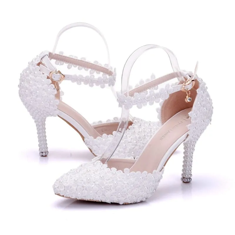 Elegant White Pointed Toe High Stiletto Wedding Shoes with Pearls