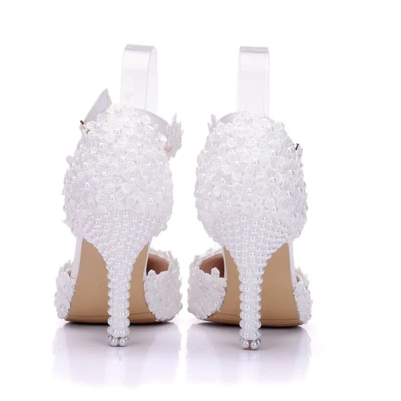 Elegant White Pointed Toe High Stiletto Wedding Shoes with Pearls