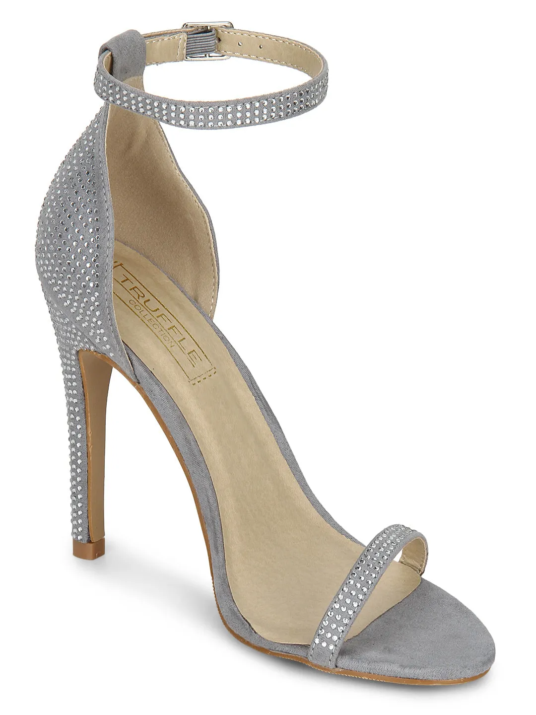 Grey Mircrofibre Diamante Ankle Strap Stiletto Heels