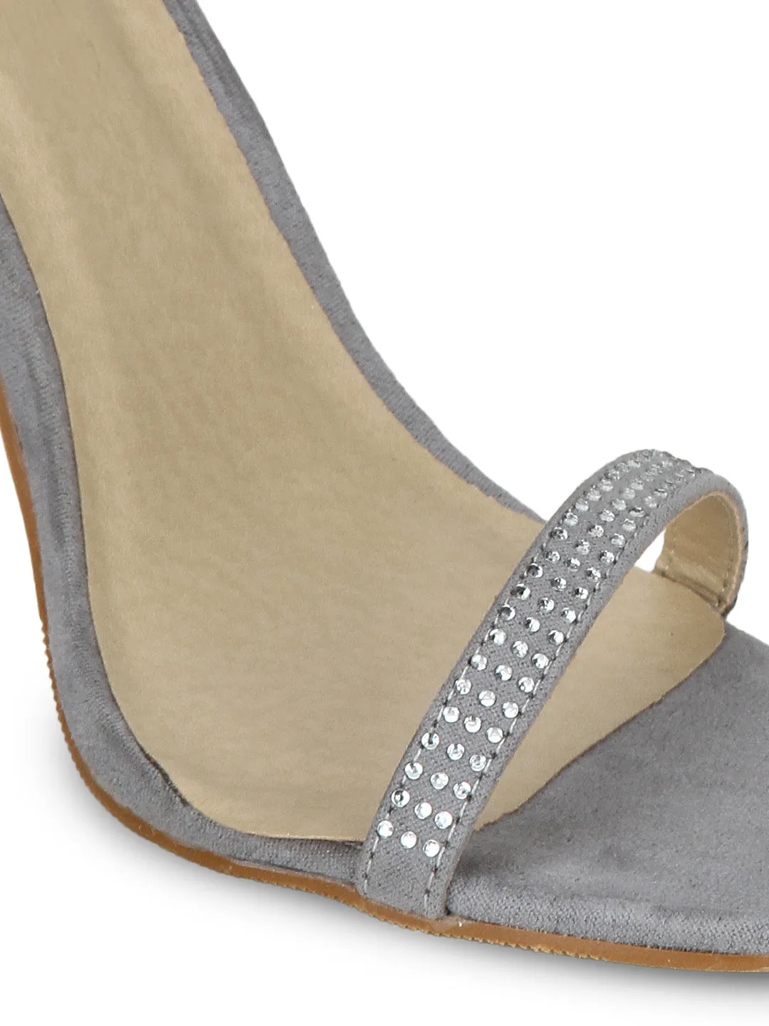 Grey Mircrofibre Diamante Ankle Strap Stiletto Heels