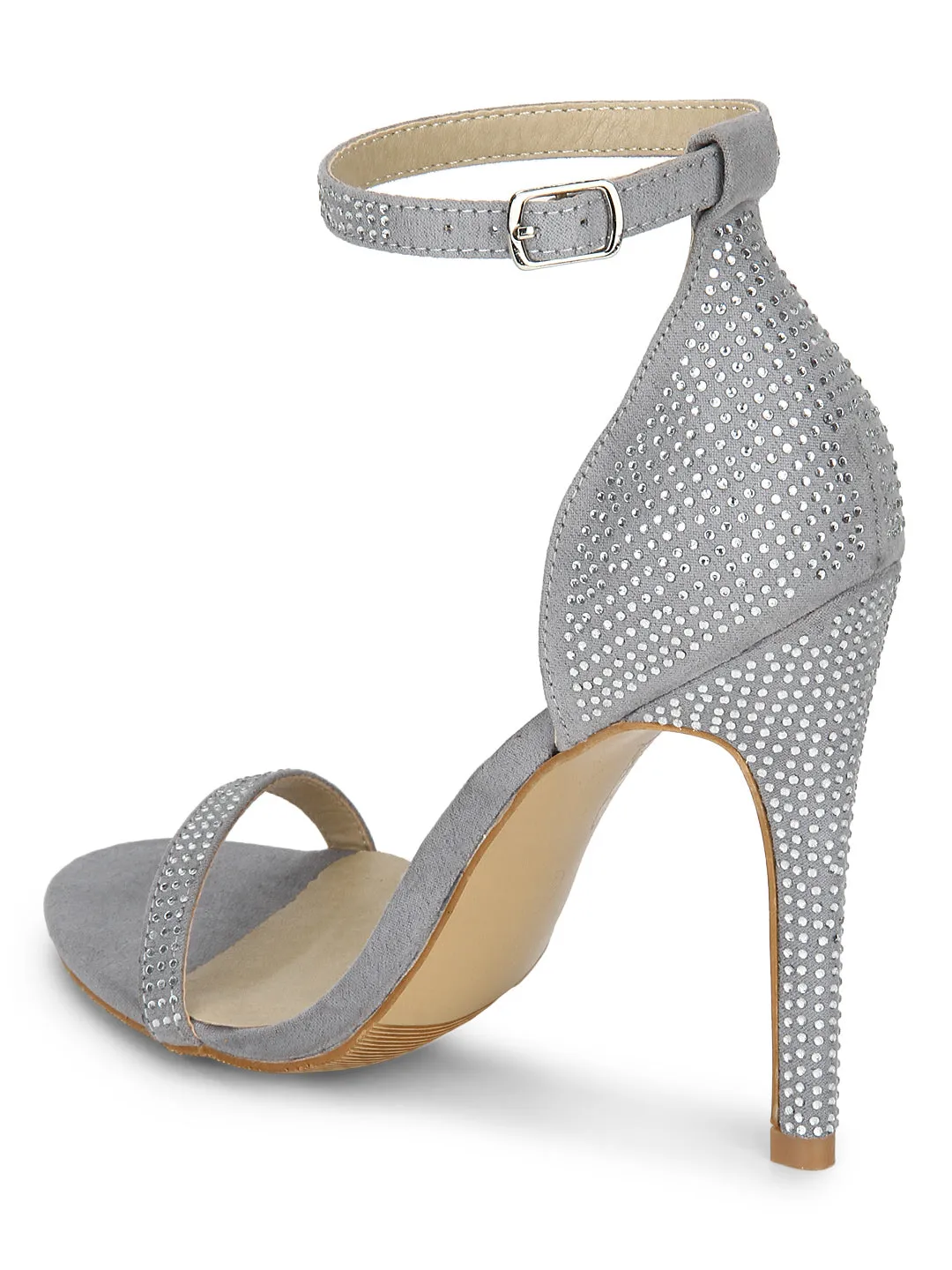 Grey Mircrofibre Diamante Ankle Strap Stiletto Heels