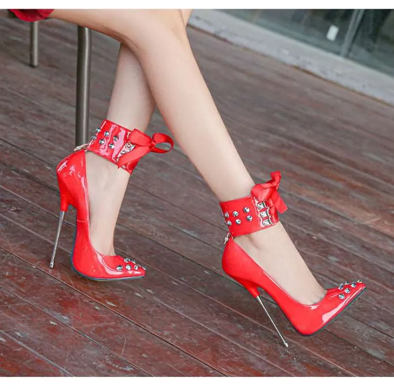 High Heel Studded Shoes with Ankle Cuffed Ribon Design