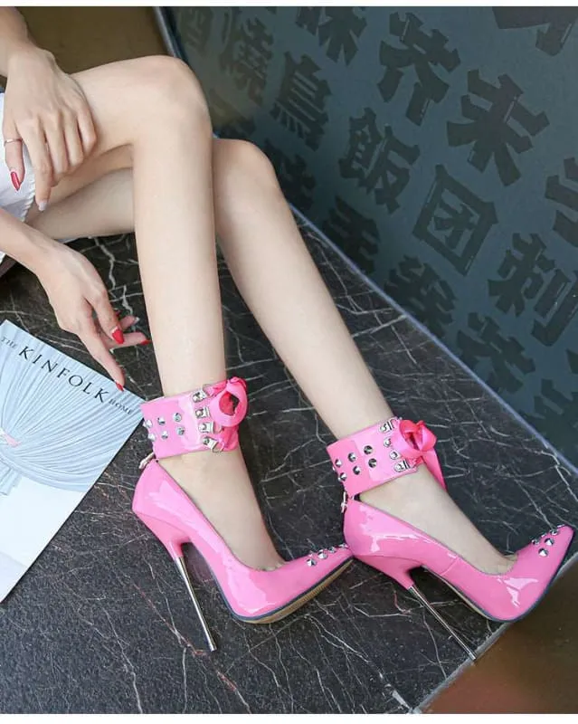 High Heel Studded Shoes with Ankle Cuffed Ribon Design