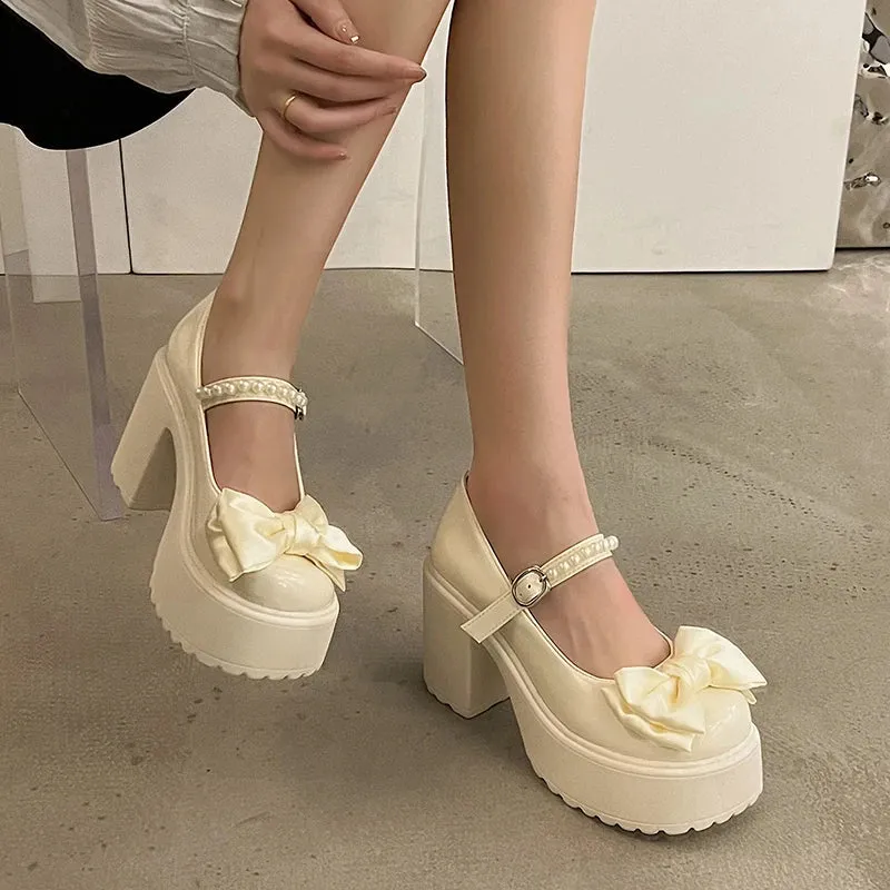 Hnzxzm White Platform High Heels Women Mary Jane Chunky Heel Shoes Bows Elegant Woman Heeled Pumps Round Toe Shoes Women's Wedding Shoe