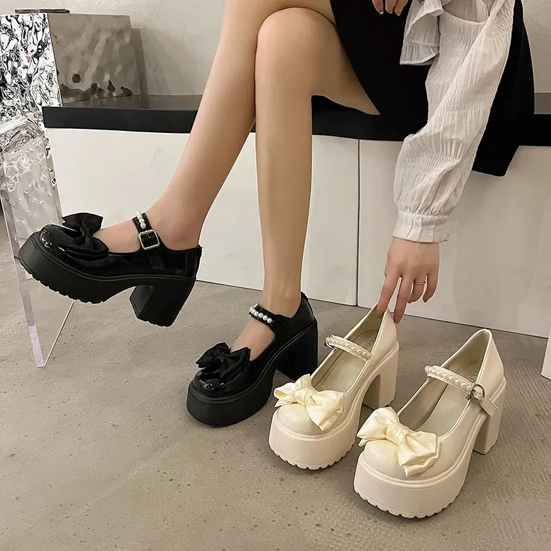 Hnzxzm White Platform High Heels Women Mary Jane Chunky Heel Shoes Bows Elegant Woman Heeled Pumps Round Toe Shoes Women's Wedding Shoe