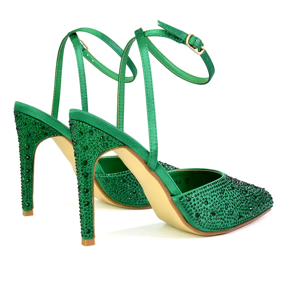 Indyah Diamante Court Shoes Stiletto High Heels Strappy Sandals in Green